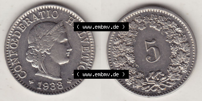 Münzen Schweiz Eurovorläufer, Umlaufmünze 1879-1980, 5 Rappen 1938 Helvetica (3) Sammlung
