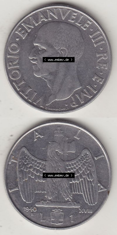 Münzen Italien / Italia Eurovorläufer, Umlaufmünze vor Euroeinführung 1939-1943, 1 Lira, Lire, Viktor Emanuael III., G ROMAGNOLI... Sammlung