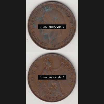 Münzen Großbritannien Eurovorläufer, Umlaufmünze vor Euroeinführung 1928-1936, 1 One Penny, 1935-1, George V. BM GEORGIVS V DEI GRABRITTOMNREX FIDDEFINDIMP.... Sammlung