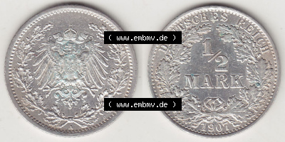 Münzen Deutschland 1871-1918 Kaiserreich Silbermünze 1905-1919, 1/2 Mark A 1907. Vorderseite und Rückseite Nebeneinander einer... Sammlung