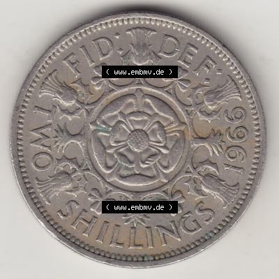 Münzen Großbritannien Eurovorläufer, Umlaufmünze vor Euroeinführung 1954-1970, 2 Schilling - Shillings 1966-5. Rückseite einer Münze aus Großbritannien... Sammlung