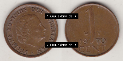 Münzen Niederlande / Netherlands Eurovorläufer, Umlaufmünze vor Euroeinführung 1950-1980, 1 Cent 1970, Juliana (3) Sammlung