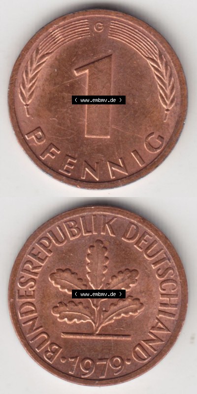 Münzen Deutschland 1 Pfennig-Deutsche Mark 1950-2001, 1 Pfennig 1979 G. Bildmaterial mit Rückseite und Vorderseite in vertikaler... Sammlung