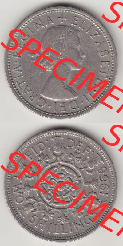Münzen Großbritannien Eurovorläufer, Umlaufmünze vor Euroeinführung 1954-1970, 2 Schilling - Shillings 1966-6. Vorderseite und Rückseite vertikal untereinander... Sammlung