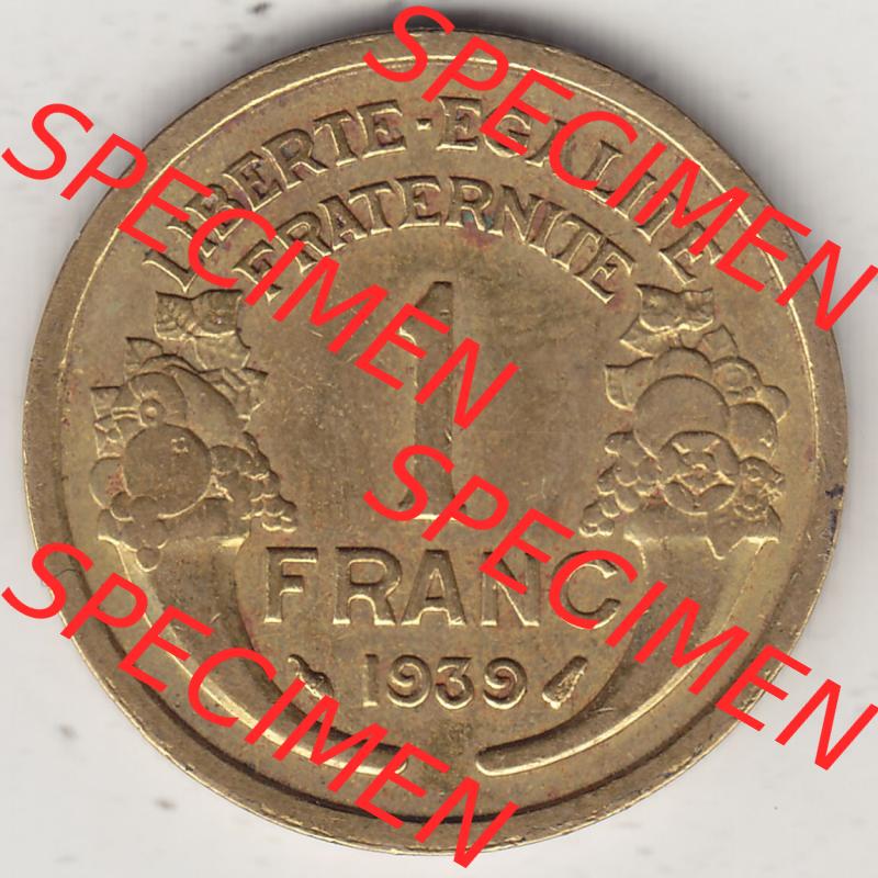 Alte Münzen Frankreich, Kursmünzensatz Zeitraum 1917-1952, der Münze 1931-1941, 1 Franken, Franc, 1939. Rückseite einer Münze aus Frankreich... Sammlung