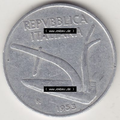 Münzen Italien / Italia Eurovorläufer, Umlaufmünze vor Euroeinführung 1951-2001, 10 Lire 1953-2. Vorderseite einer Münze aus Europa als Digitales Bild /... Sammlung