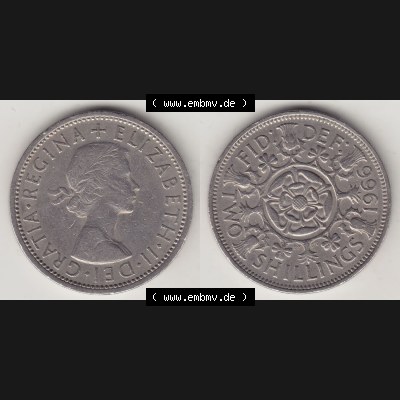 Münzen Großbritannien Eurovorläufer, Umlaufmünze vor Euroeinführung 1954-1970, 2 Schilling - Shillings 1966-4. Vorderseite und Rückseite horizontal nebeneinander... Sammlung
