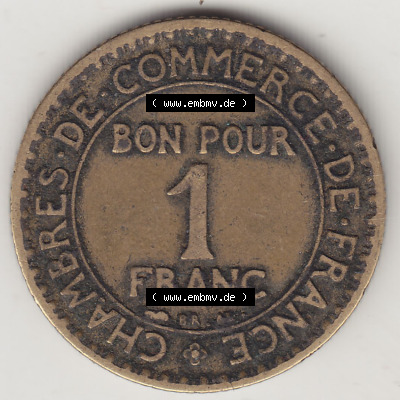 Münzen Frankreich Eurovorläufer, Umlaufmünze vor Euroeinführung 1920-1927, 1 Franken BON POUR 1 FRANC 1925. Rückseite einer... Sammlung