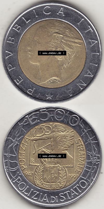 Münzen Italien / Italia Eurovorläufer, Gedenkmünze vor Euroeinführung 1997-1997, 500 Lire, 50 Jahre Staatspolizei (1947-1997),... Sammlung