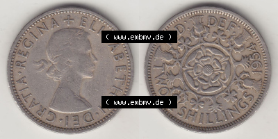 Münzen Großbritannien Eurovorläufer, Umlaufmünze vor Euroeinführung 1954-1970, 2 Schilling - Shillings 1954 (Stück 1). Vorderseite... Sammlung