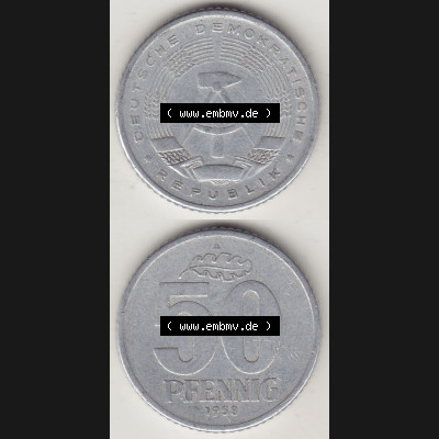Münzen Deutschland DDR 1958-1990, A 50 Pfennig 1958-2 der DDR-Mark. Vorderseite und Rückseite Vertikal Untereinander, passend für Mobile-Geräte, einer 50 Pfennig... Sammlung