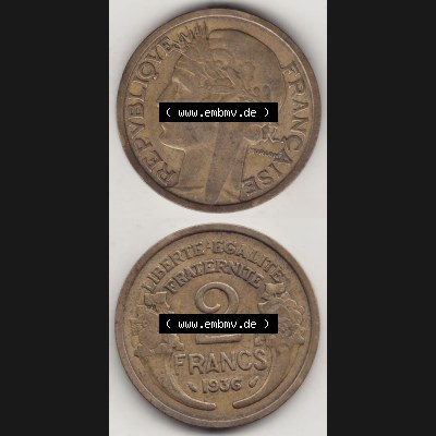 Münzen Frankreich Eurovorläufer, Umlaufmünze vor Euroeinführung 1931-1941, 2 Franken 1936-1 LIBERTE EGALITE FRATERNITE. Rückseite und Vorderseite vertikal untereinander... Sammlung