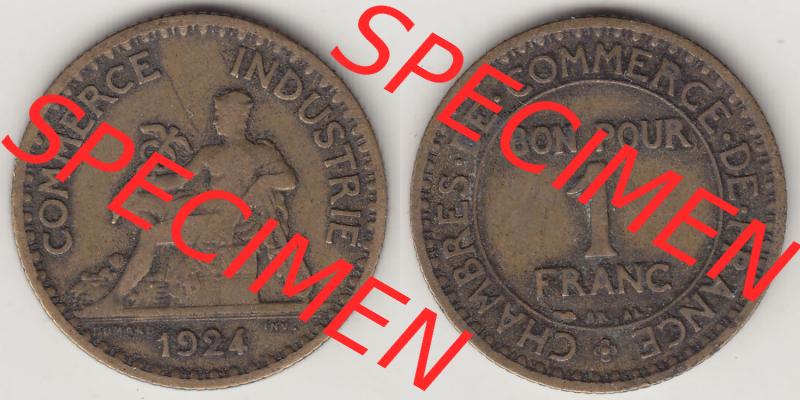 Münzen Frankreich Eurovorläufer, Umlaufmünze vor Euroeinführung 1920-1927, 1 Franken BON POUR 1 FRANC 1924-1. Vorderseite und Rückseite Nebeneinander einer Münze... Sammlung