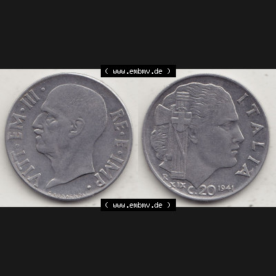 Münzen Italien / Italia Eurovorläufer, Umlaufmünze vor Euroeinführung 1939-1943, 20 C. Centesimi, Cent 1941-1. Rückseite und Vorderseite horizontal... Sammlung