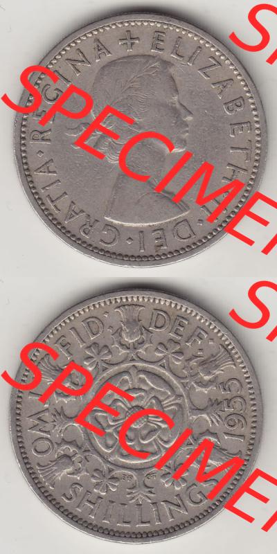 Münzen Großbritannien Eurovorläufer, Umlaufmünze vor Euroeinführung 1954-1970, 2 Schilling - Shillings 1955-1. Vorderseite und Rückseite vertikal untereinander... Sammlung