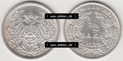 Münzen Deutschland 1871-1918 Kaiserreich Silbermünze 1905-1919, 1/2 Mark A 1917. Vorderseite und Rückseite Nebeneinander einer... Sammlung