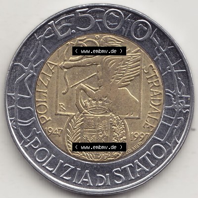 Münzen Italien / Italia Eurovorläufer, Gedenkmünze vor Euroeinführung 1997-1997, 500 Lire, 50 Jahre Staatspolizei (1947-1997),... Sammlung