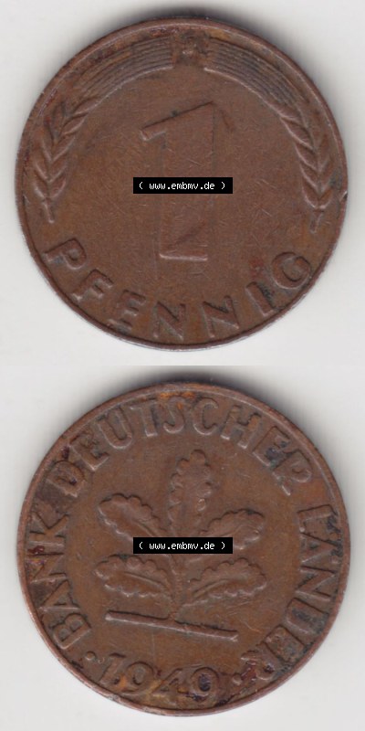 Münzen Deutschland 1 Pfennig-Deutsche Mark 1948-1949, 1 Pfennig 1949 J. Rückseite und Vorderseite in vertikaler Ansicht für... Sammlung