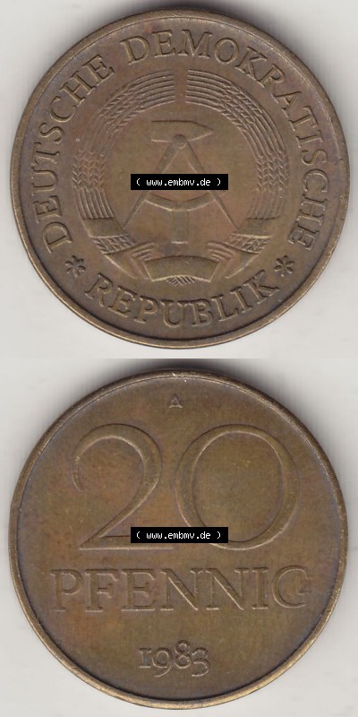 Münzen Deutschland DDR 1969-1990, 20 Pfennig 1983 (Stück 2), DDR-Telefonmünze. Vorderseite und Rückseite Vertikal Untereinander,... Sammlung