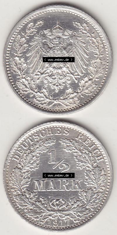 Münzen Deutschland 1871-1918 Kaiserreich Silbermünze 1905-1919, 1/2 Mark A 1917. Vorderseite und Rückseite Vertikal Untereinander,... Sammlung