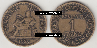 Münzen Frankreich Eurovorläufer, Umlaufmünze vor Euroeinführung 1920-1927, 1 Franken BON POUR 1 FRANC 1925. Vorderseite und... Sammlung