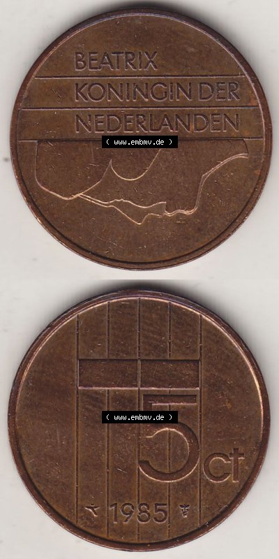 Münzen Niederlande / Netherlands Eurovorläufer, Umlaufmünze vor Euroeinführung 1982-2001, 5 Ct Cent 1985 Königin Beatrix... Sammlung