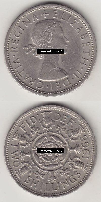 Münzen Großbritannien Eurovorläufer, Umlaufmünze vor Euroeinführung 1954-1970, 2 Schilling - Shillings 1966 (Stück 1). Vorderseite... Sammlung