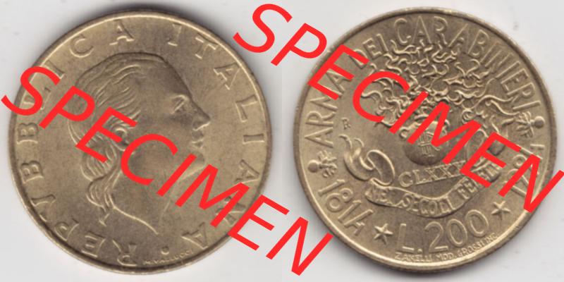 Münzen Italien / Italia Eurovorläufer, Gedenkmünze vor Euroeinführung 1994-1994, 200 Lire 180 Jahre Carabinieri. Rückseite und Vorderseite horizontal nebeneinander... Sammlung