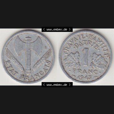 Münzen Frankreich Eurovorläufer, Umlaufmünze vor Euroeinführung 1942-1944, 1 Franken - Francs 1943-2. Vorderseite und Rückseite Nebeneinander einer Münze... Sammlung