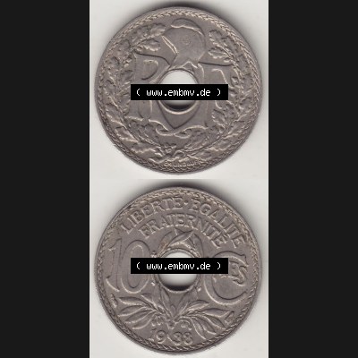 Münzen Frankreich Eurovorläufer, Umlaufmünze vor Euroeinführung 1917-1938, 10 Centimes - Cmes 1938. Vorderseite und Rückseite Vertikal Untereinander, passend... Sammlung