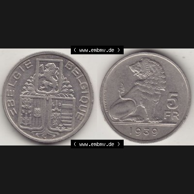 Alte Münzen KMS Belgien, Kursmünzensatz - Zusammenstellung 1938-1940, mit Münze 1938-1939, 5 Franken, FR, Francs, BELGIE - BELGIQUE 1939-1. Vorderseite... Sammlung