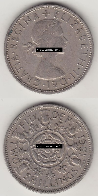 Münzen Großbritannien Eurovorläufer, Umlaufmünze vor Euroeinführung 1954-1970, 2 Schilling - Shillings 1961 (Stück 3). Vorderseite... Sammlung