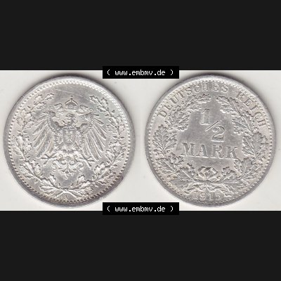 Münzen Deutschland 1871-1918 Kaiserreich Silbermünze 1905-1919, 1/2 Mark A 1915-2. Vorderseite und Rückseite Nebeneinander einer Münze aus Europa dem Deutschen Kaiserreich... Sammlung