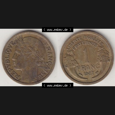 Münzen Frankreich Eurovorläufer, Umlaufmünze vor Euroeinführung 1931-1941, 1 Franken, 1 Franc, 1937-1 LIBERTE EGALITE FRATERNITE. Rückseite und Vorderseite... Sammlung