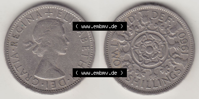 Münzen Großbritannien Eurovorläufer, Umlaufmünze vor Euroeinführung 1954-1970, 2 Schilling - Shillings 1960 (Stück 1). Vorderseite... Sammlung