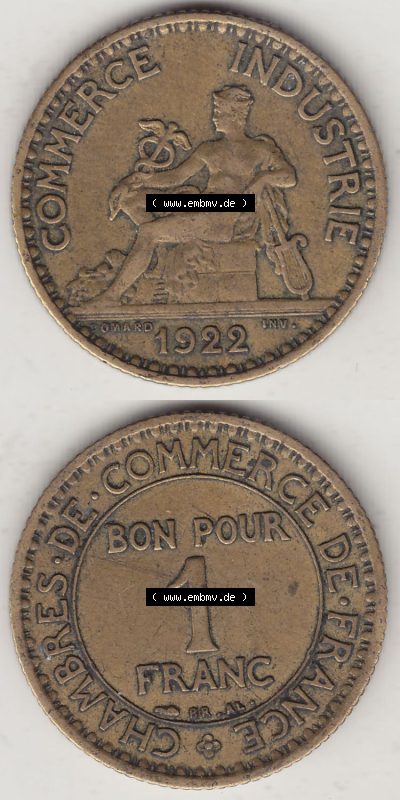 Münzen Frankreich Eurovorläufer, Umlaufmünze vor Euroeinführung 1922-1927, 1 Franken, BON POUR One Franc, 1922 (Stück 2)... Sammlung