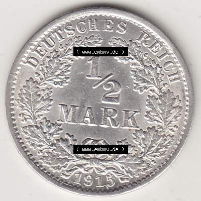 Münzen Deutschland 1871-1918 Kaiserreich Silbermünze 1905-1919, 1/2 Mark A 1915. Rückseite einer Münze aus dem Deutschen Kaiserreich in Europa als Digitales Bild /... Sammlung