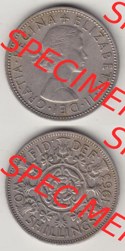 Münzen Großbritannien Eurovorläufer, Umlaufmünze vor Euroeinführung 1954-1970, 2 Schilling - Shillings 1963-1. Vorderseite und Rückseite vertikal untereinander... Sammlung