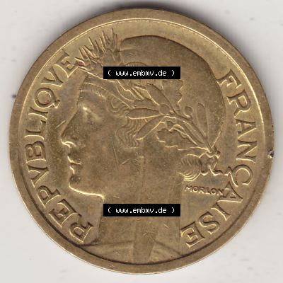 Alte Münzen Frankreich, Kursmünzensatz Zeitraum 1917-1952, der Münze 1931-1941, 1 Franken, Franc, 1939. Vorderseite einer Münze aus Frankreich in... Sammlung