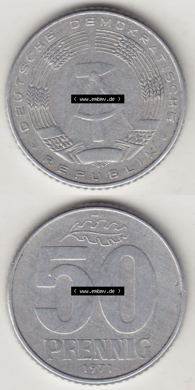 Münzen Deutschland DDR 1958-1990, A 50 Pfennig 1971 (Stück 3) der DDR-Mark. Vorderseite und Rückseite Vertikal Untereinander,... Sammlung
