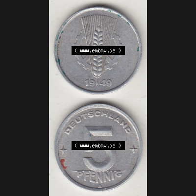 Münzen Deutschland DDR 1948-1950, A 5 Pfennig 1949-1. Vorderseite und Rückseite einer Münze in Vertikaler Ausrichtung auf einen Bild, einer 5 Pfennig Münze der ehemaligen... Sammlung