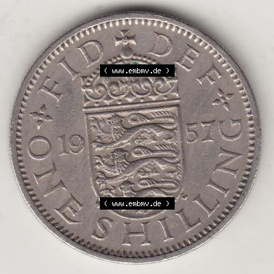 Münzen Großbritannien Eurovorläufer, Umlaufmünze vor Euroeinführung 1954-1970, 1 Schilling - Shilling, 1957-2 Wappen mit drei Löwen. Rückseite... Sammlung