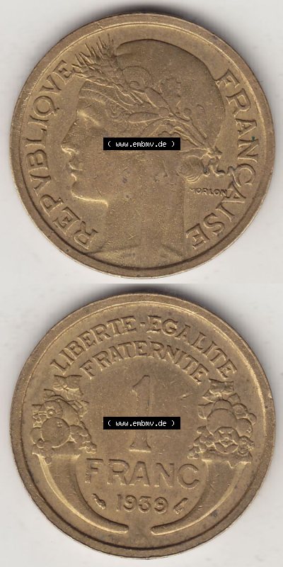 Münzen Frankreich Eurovorläufer, Umlaufmünze vor Euroeinführung 1931-1941, 1 Franken, 1 Franc, 1939 (Stück 1) LIBERTE EGALITE... Sammlung