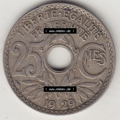Münzen Frankreich Eurovorläufer, Umlaufmünze vor Euroeinführung 1917-1937, 25 Cmes, Centimes 1929 (Stück 1) LIBERTE EGALITE... Sammlung