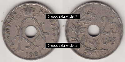 Münzen Belgien Eurovorläufer, Umlaufmünze vor Euroeinführung 1910-1929, 25 Centime - KONINKRIJK BELGIË 1921 (3) Sammlung