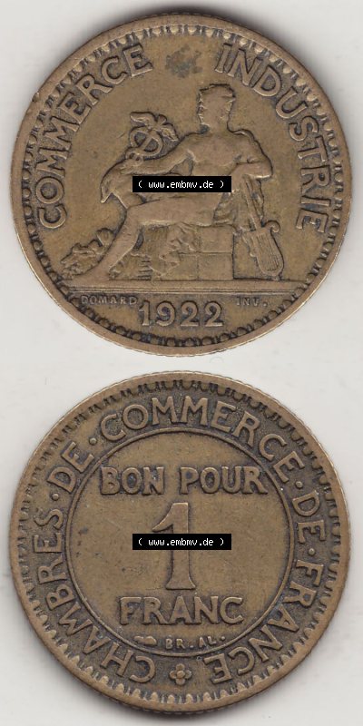 Münzen Frankreich Eurovorläufer, Umlaufmünze vor Euroeinführung 1922-1927, 1 Franken, BON POUR One Franc, 1922 (Stück 1)... Sammlung