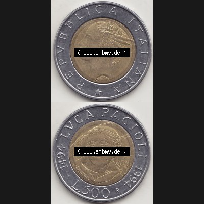 Münzen Italien / Italia Eurovorläufer, Gedenkmünze vor Euroeinführung 1994-1994, 500 Lire, 500. Geburtstag von Luca Pacioli (1494-1994)-2.... Sammlung