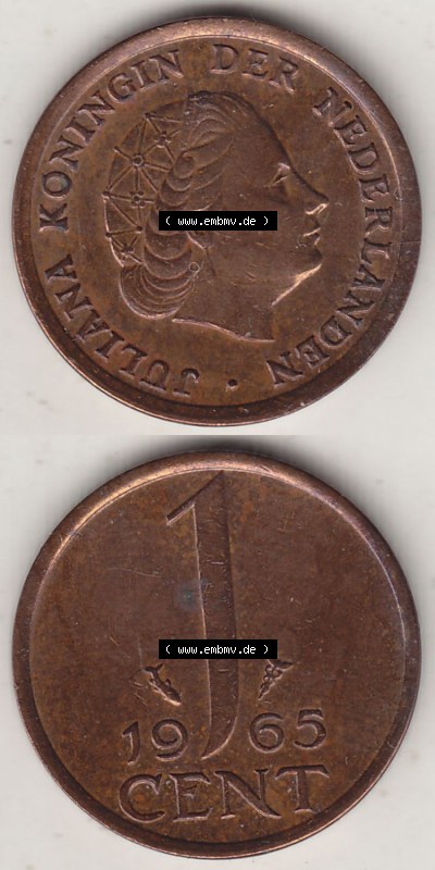Münzen Niederlande / Netherlands Eurovorläufer, Umlaufmünze vor Euroeinführung 1950-1980, 1 Cent 1965 Königin Juliana, alte... Sammlung