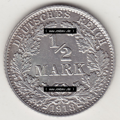 Münzen Deutschland 1871-1918 Kaiserreich Silbermünze 1905-1919, 1/2 Mark A 1918. Rückseite einer Münze aus dem Deutschen Kaiserreich... Sammlung