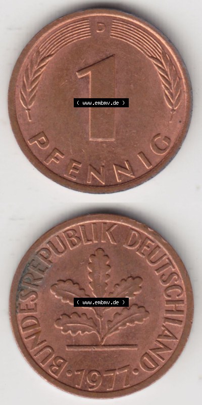 Münzen Deutschland 1 Pfennig-Deutsche Mark 1950-2001, 1 Pfennig 1977 D. Bildmaterial mit Rückseite und Vorderseite in vertikaler... Sammlung